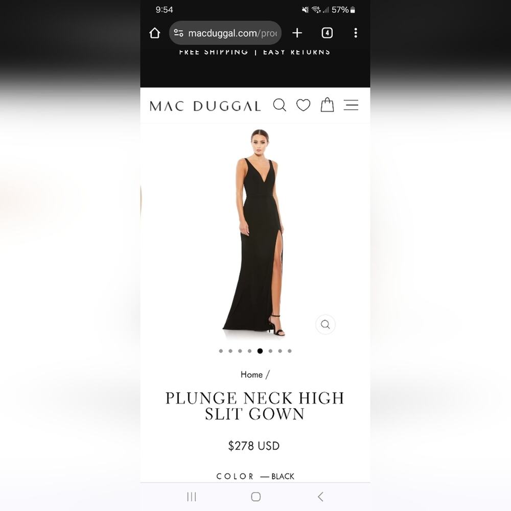 Ieena for Mac Duggal PLUNGE NECK HIGH SLIT GOWN: black evening gown with slit.